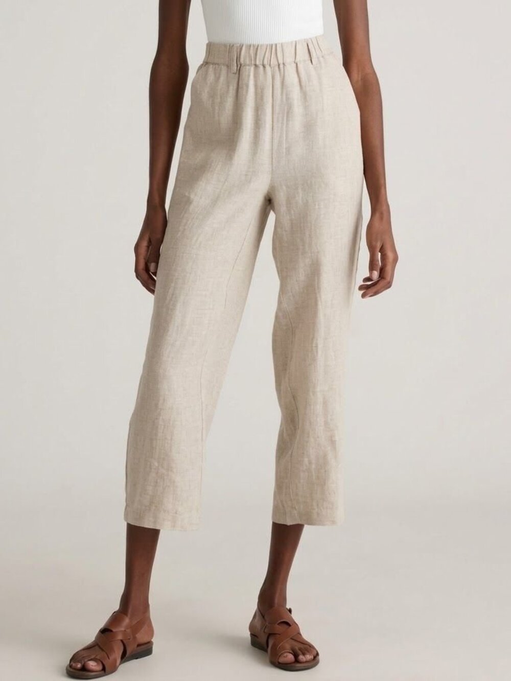 Quince 100% European Linen Pants Driftwood XS Elastic Waist Tapered Casual Boho